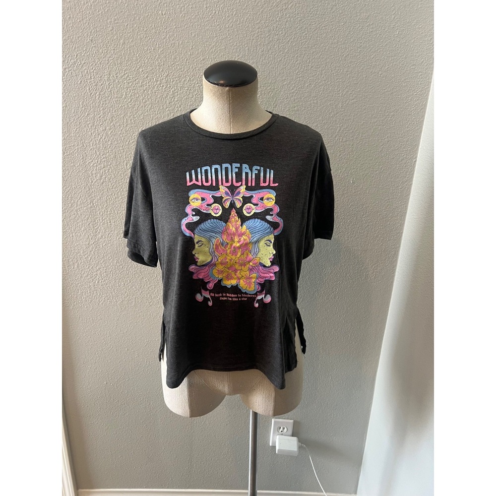 SHEIN Girls 11-12Y Wonderful Graphic Tee Black Oversized Butterfly Floral